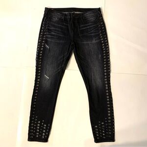 True Religion Halle Black Super Skinny Grommet Jeans Womens Sz 32 Denim Distress